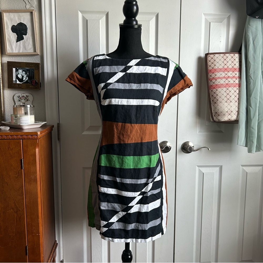 Derek Lam brown & black geometric colorblock short sleeve mini sheath dress